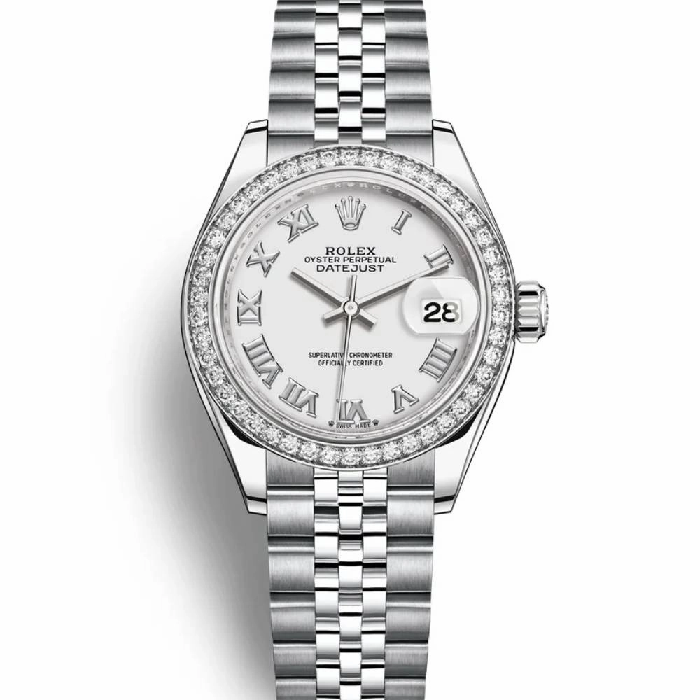 Rolex Lady-Datejust 28mm - Ref: 279384rbr-0019 - White Roman Dial & Diamond Bezel, Stainless Steel Jubilee Bracelet Women's Watch