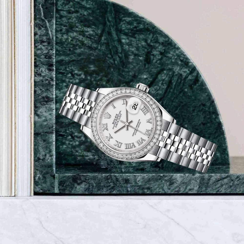 Rolex Lady-Datejust 28mm - Ref: 279384rbr-0019 - White Roman Dial & Diamond Bezel, Stainless Steel Jubilee Bracelet Women's Watch