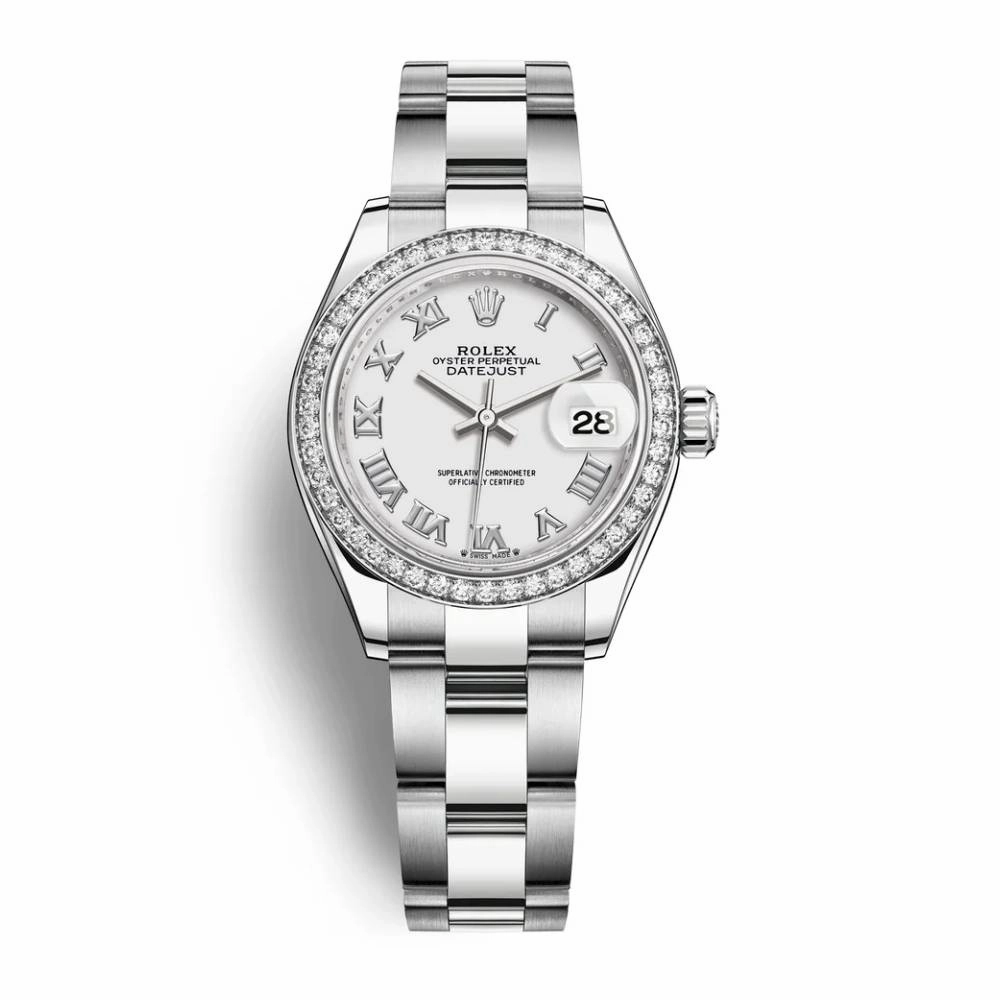 Rolex Lady-Datejust 28mm - Ref: 279384rbr-0020 - White Roman Dial & Diamond Bezel, Stainless Steel Oyster Bracelet Women's Watch
