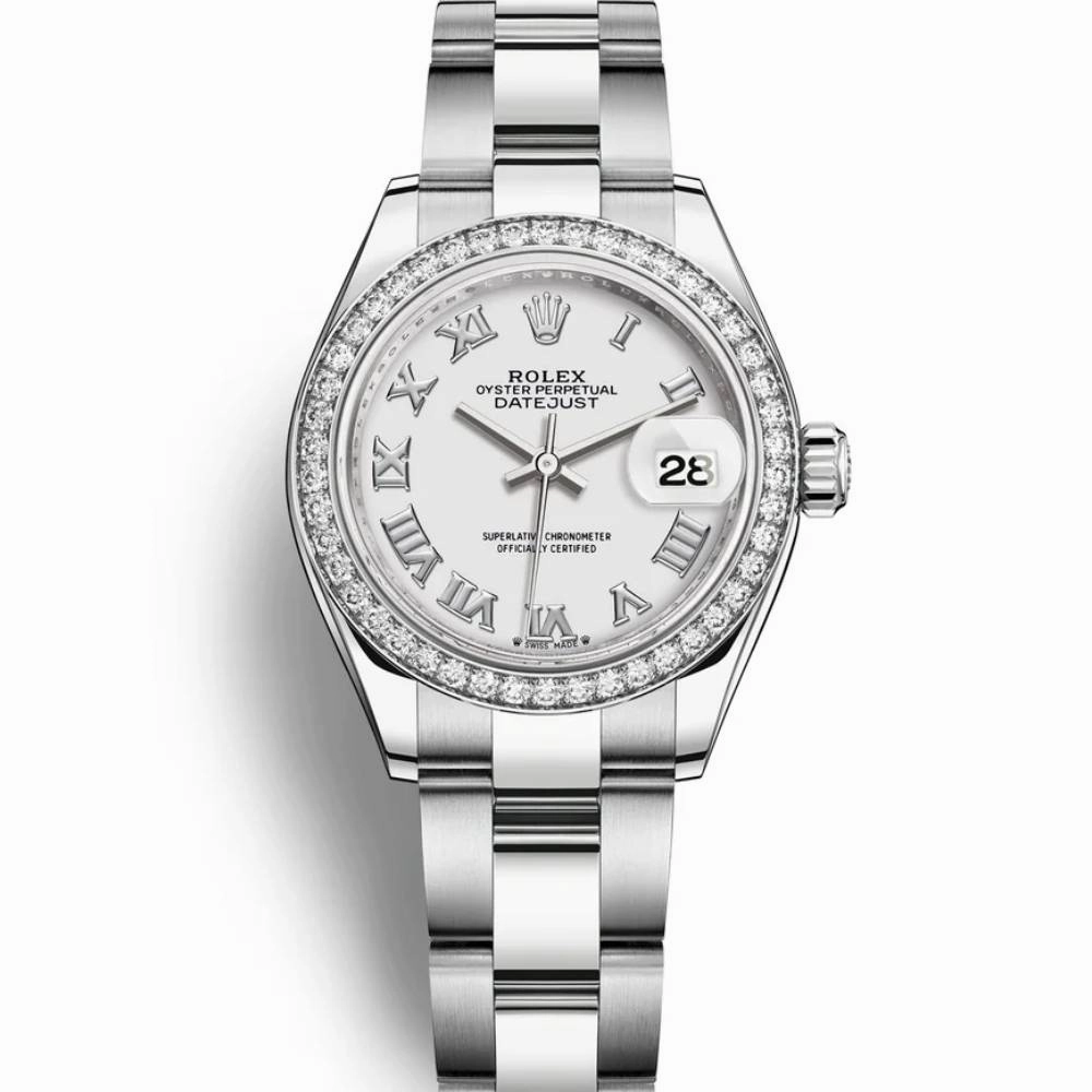Rolex Lady-Datejust 28mm - Ref: 279384rbr-0020 - White Roman Dial & Diamond Bezel, Stainless Steel Oyster Bracelet Women's Watch