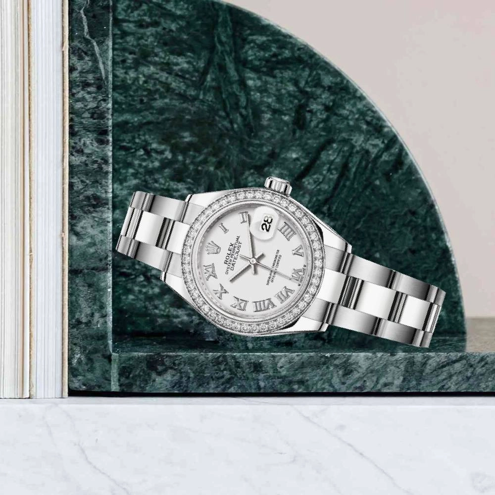 Rolex Lady-Datejust 28mm - Ref: 279384rbr-0020 - White Roman Dial & Diamond Bezel, Stainless Steel Oyster Bracelet Women's Watch