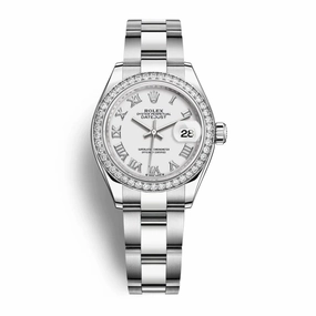 Rolex Lady-Datejust 28mm - Ref: 279384rbr-0020 - White Roman Dial & Diamond Bezel, Stainless Steel Oyster Bracelet Women's Watch
