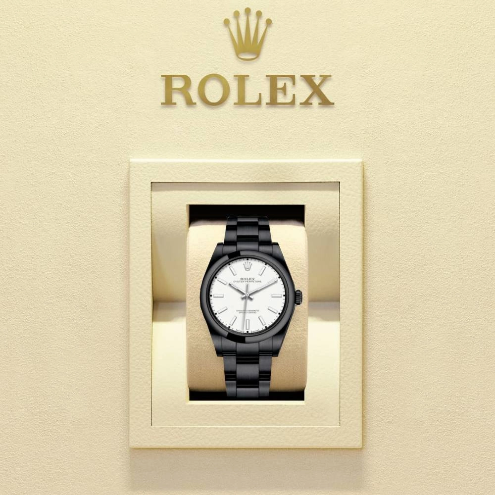 Rolex Oyster Perpetual 39mm - Ref: 114300-0004-pvd-2 - White Stick Dial, Black PVD Stainless Steel Oyster Bracelet Watch