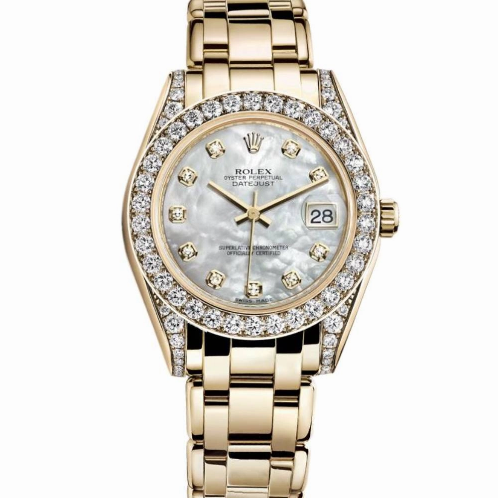 Rolex Pearlmaster 34mm - Ref: 81158-0001 - White mother of Pearl Diamond Dial, Diamond Bezel & Diamond Case, 18K Yellow Gold Bracelet Women's Watch