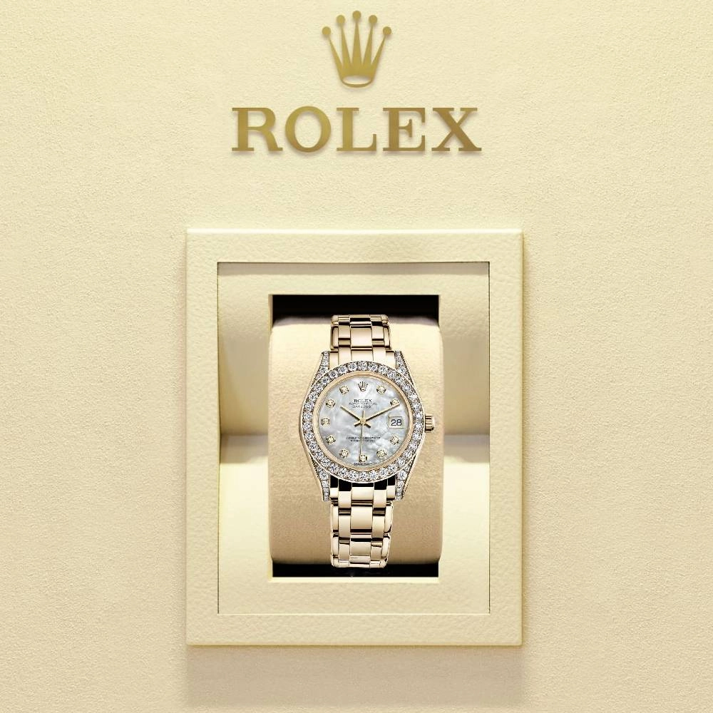 Rolex Pearlmaster 34mm - Ref: 81158-0001 - White mother of Pearl Diamond Dial, Diamond Bezel & Diamond Case, 18K Yellow Gold Bracelet Women's Watch