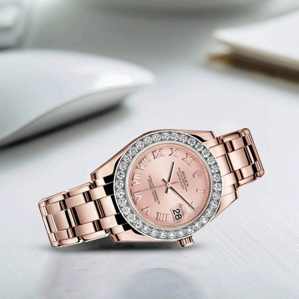 Rolex Pearlmaster 34mm - Ref: 81285-0020 - Pink Roman Dial & Diamond Bezel, 18K Rose Gold Bracelet Women's Watch