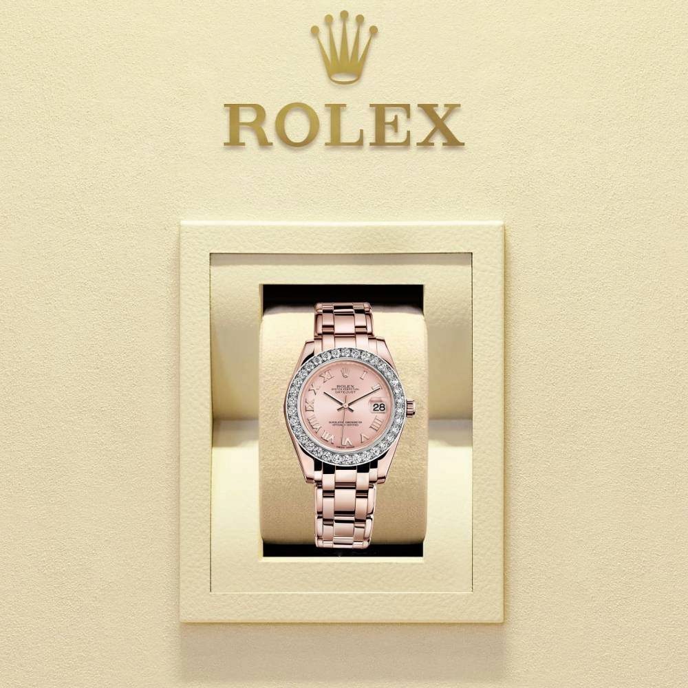 Rolex Pearlmaster 34mm - Ref: 81285-0020 - Pink Roman Dial & Diamond Bezel, 18K Rose Gold Bracelet Women's Watch