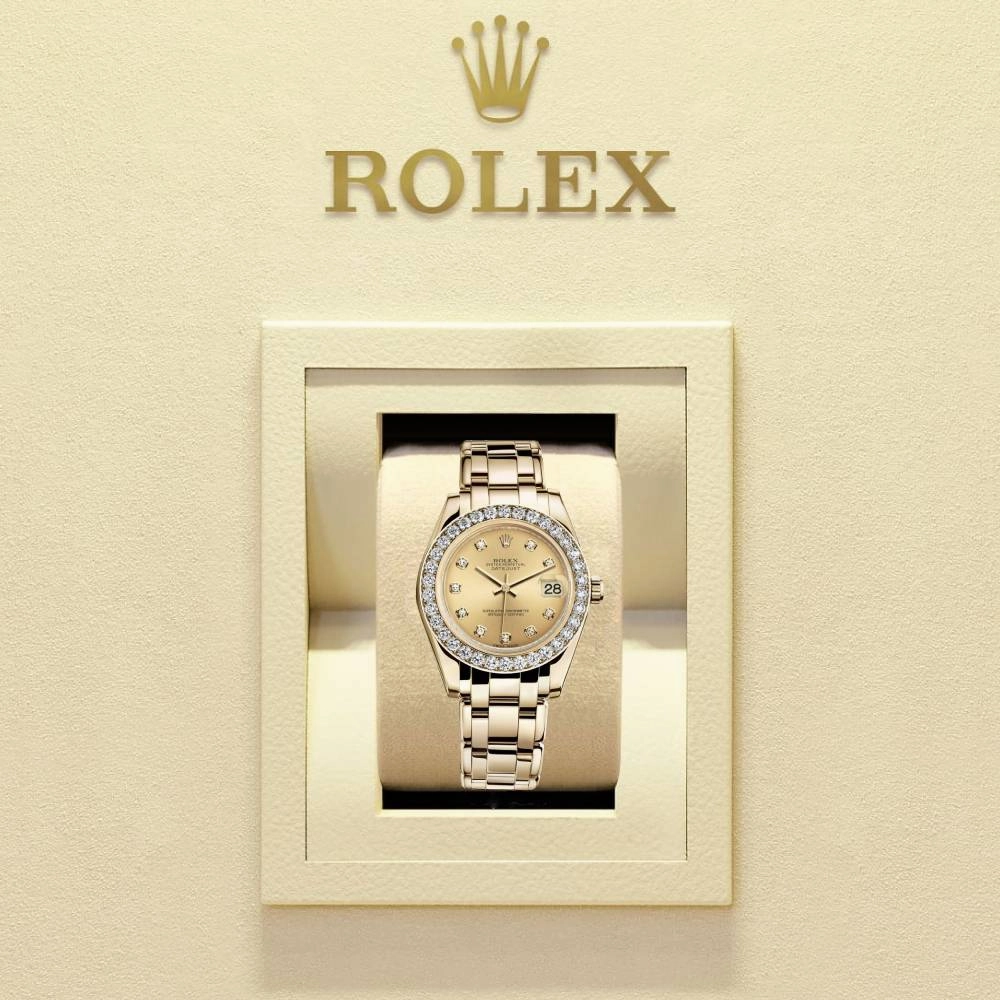 Rolex Pearlmaster 34mm - Ref: 81298-0005 - Champagne Diamond Dial & Diamond Bezel, 18K Yellow Gold Bracelet Women's Watch