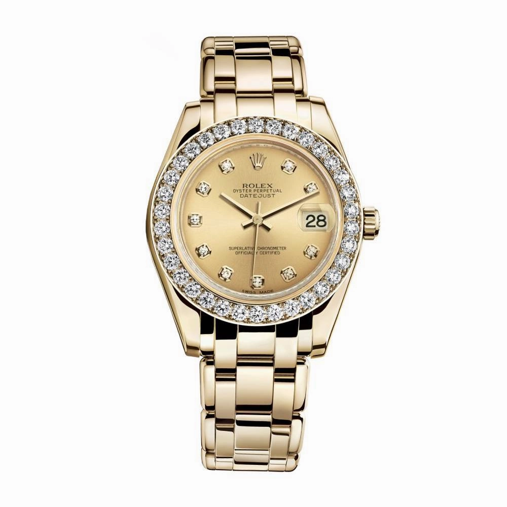 Rolex Pearlmaster 34mm - Ref: 81298-0005 - Champagne Diamond Dial & Diamond Bezel, 18K Yellow Gold Bracelet Women's Watch