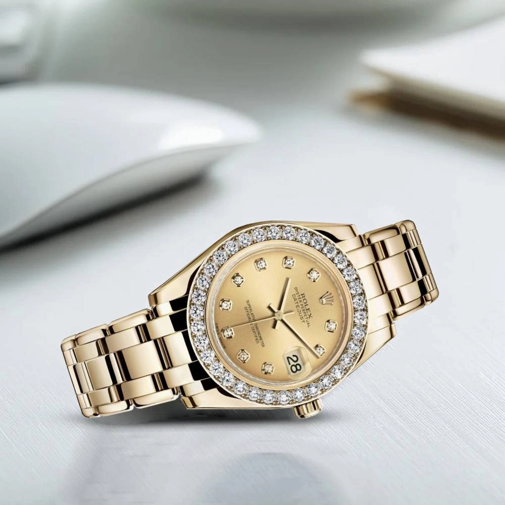 Rolex Pearlmaster 34mm - Ref: 81298-0005 - Champagne Diamond Dial & Diamond Bezel, 18K Yellow Gold Bracelet Women's Watch