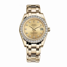 Rolex Pearlmaster 34mm - Ref: 81298-0005 - Champagne Diamond Dial & Diamond Bezel, 18K Yellow Gold Bracelet Women's Watch