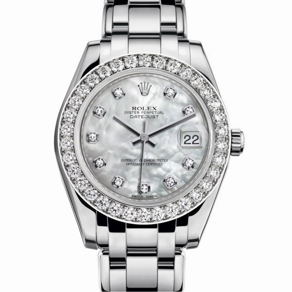 Rolex Pearlmaster 34mm - Ref: 81299-0014 - White mother of Pearl Diamond Dial & Diamond Bezel, 18K White Gold Bracelet Women's Watch