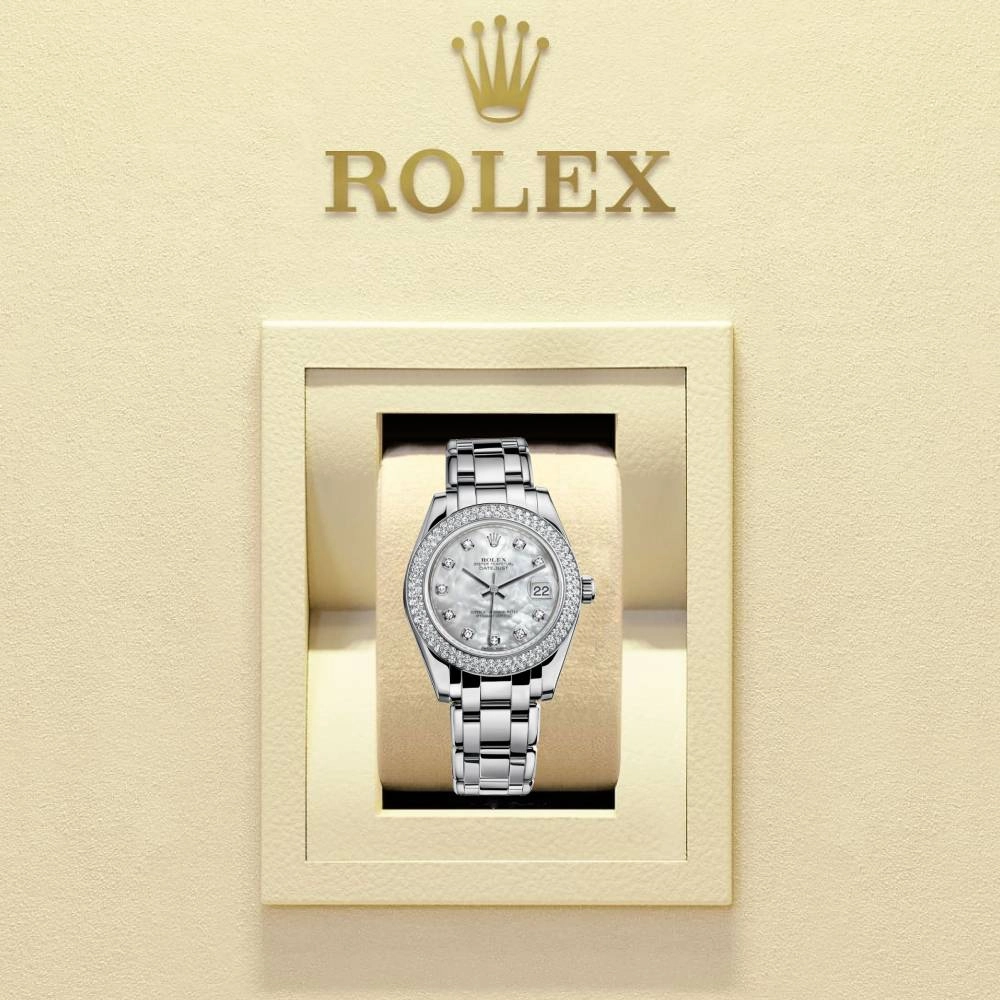 Rolex Pearlmaster 34mm - Ref: 81299-0014 - White mother of Pearl Diamond Dial & Diamond Bezel, 18K White Gold Bracelet Women's Watch