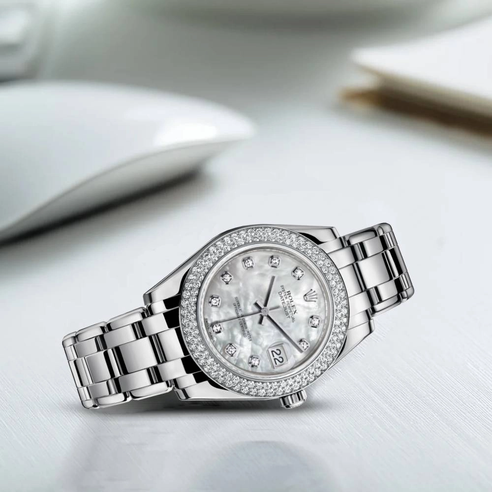 Rolex Pearlmaster 34mm - Ref: 81299-0014 - White mother of Pearl Diamond Dial & Diamond Bezel, 18K White Gold Bracelet Women's Watch