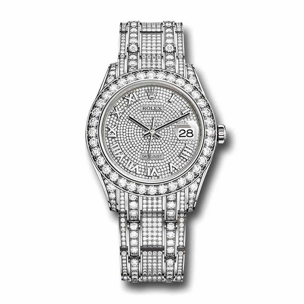 Rolex Pearlmaster 34mm - Ref: 81409rbr-0001 - Pave Roman Diamond Dial, Diamond Bezel & Diamond Case, 18K White Gold Diamond Bracelet Women's Watch