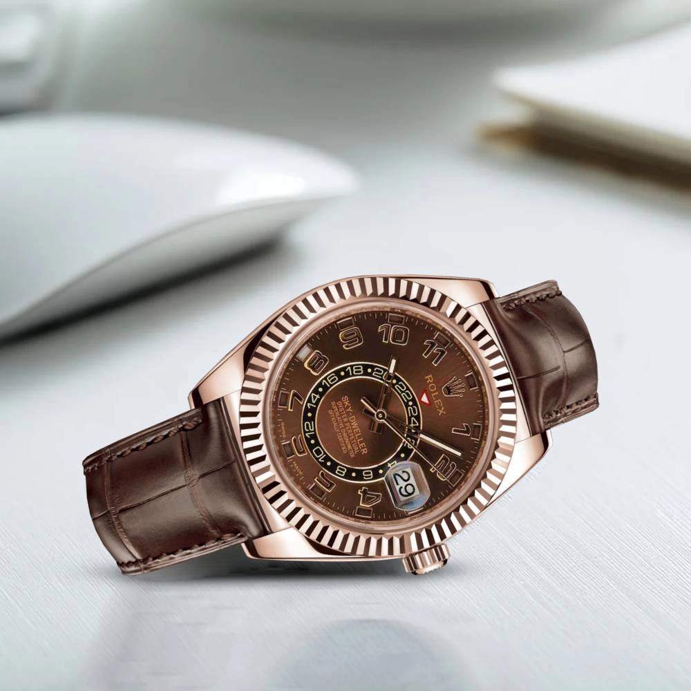 Rolex Sky-Dweller 42mm - Ref: 326135 - Chocolate Dial, 18K Rose Gold & Brown Leather Strap Watch