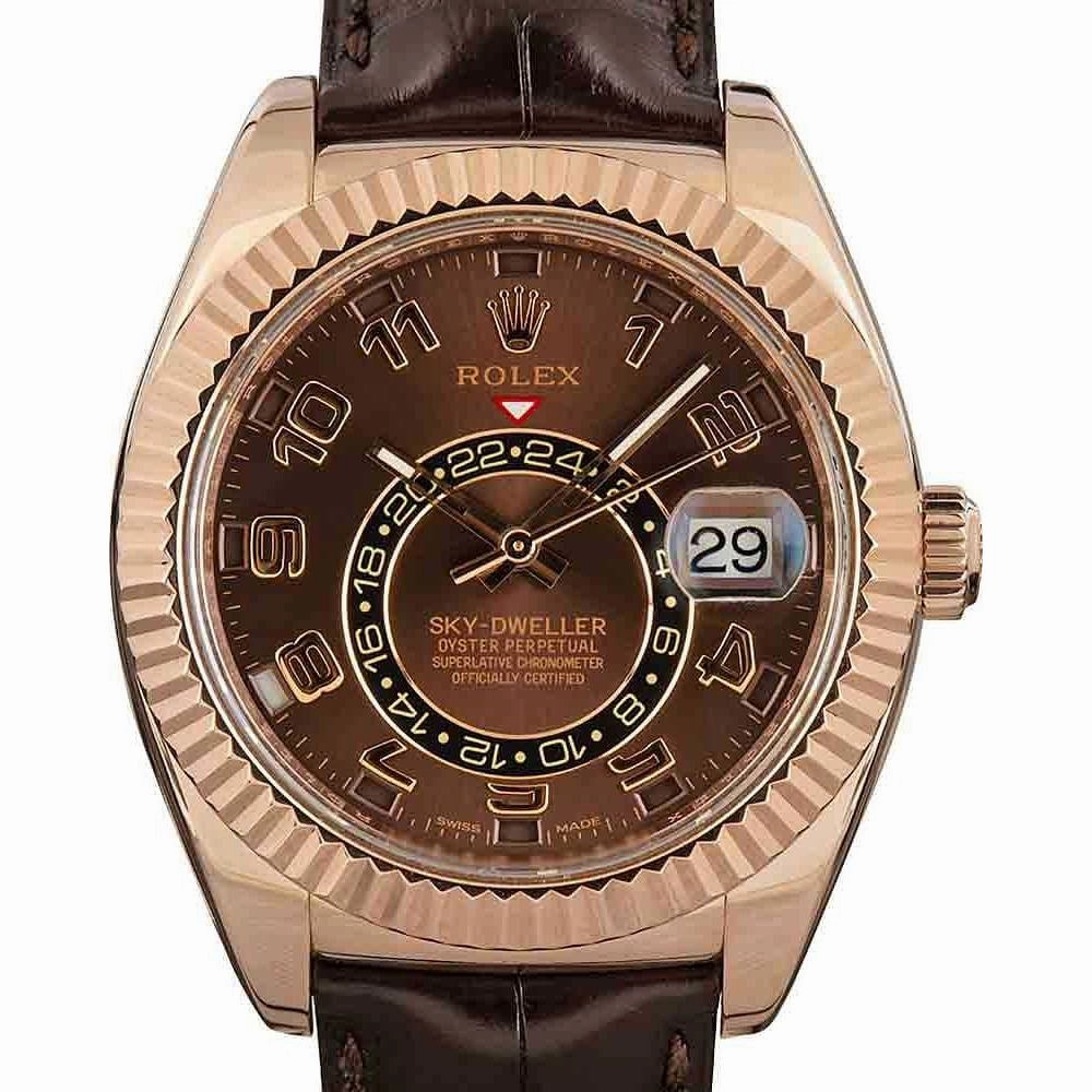 Rolex Sky-Dweller 42mm - Ref: 326135 - Chocolate Dial, 18K Rose Gold & Brown Leather Strap Watch