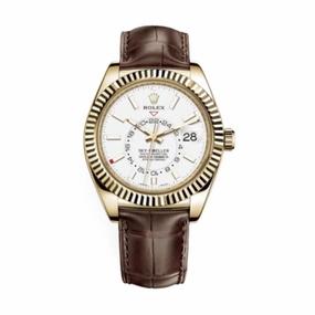 Rolex Sky-Dweller 42mm - Ref: 326138-0010 - Intense White Stick Dial, 18K Yellow Gold & Brown Leather Strap Watch