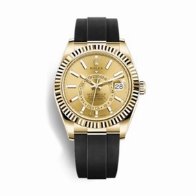 Rolex Sky-Dweller 42mm - Ref: 326238-0007 - Champagne Stick Dial & 18K Yellow Gold Case, Black Oysterflex Bracelet Watch