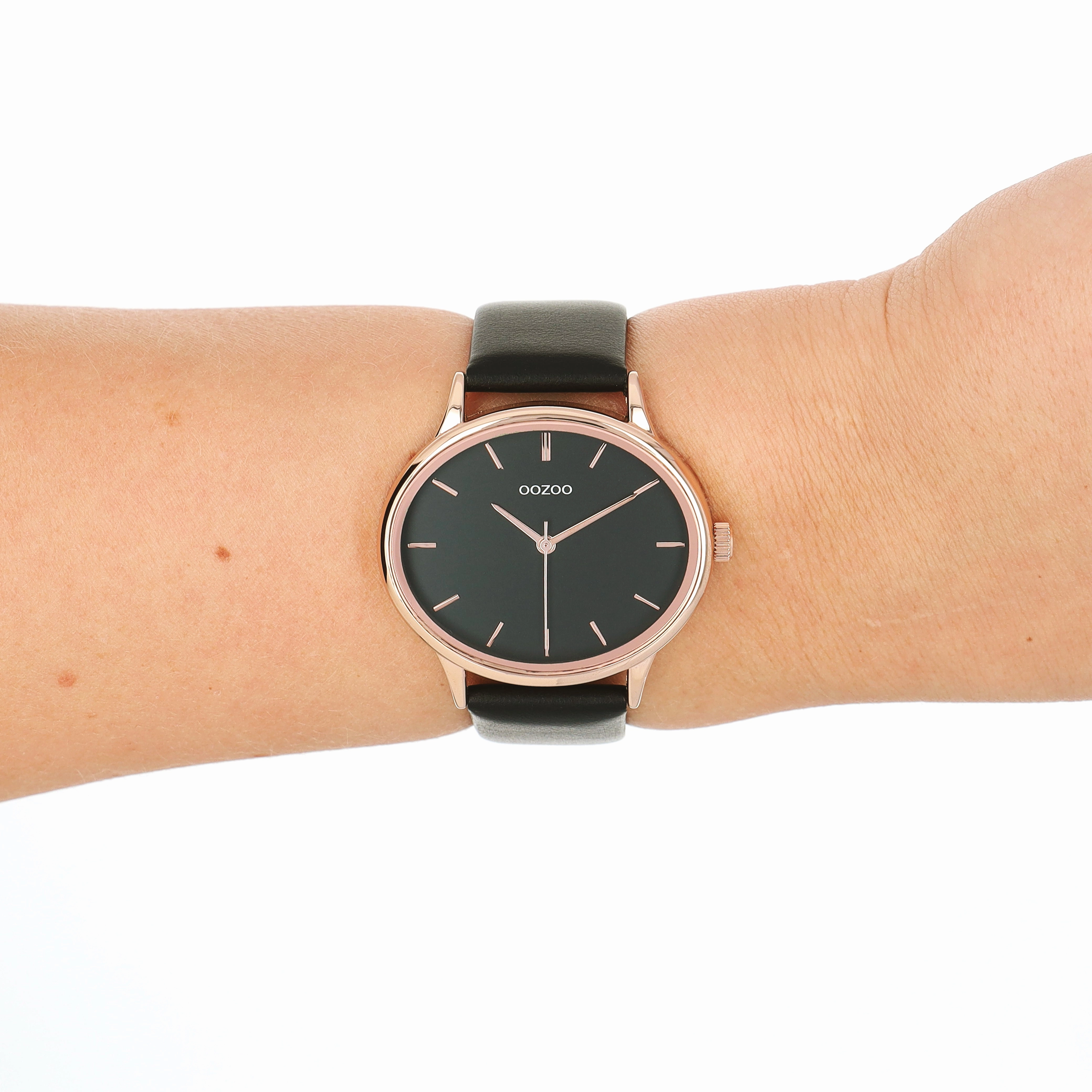 Rose gold coloured OOZOO watch with black leather strap - C11054