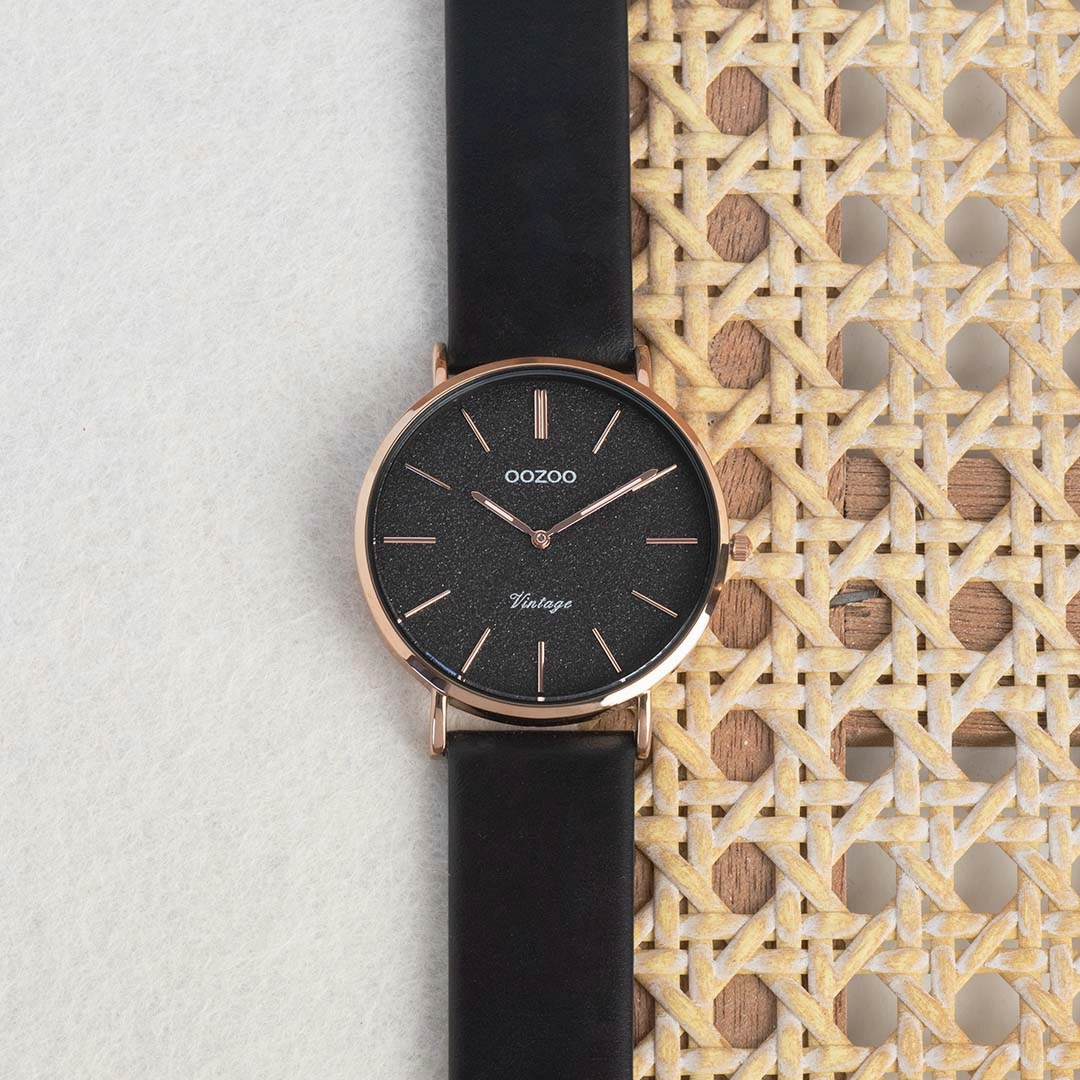 Rose gold coloured OOZOO watch with black leather strap - C20169