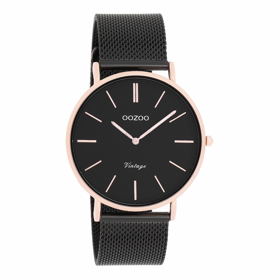Rose gold coloured OOZOO watch with black metal mesh bracelet - C8869