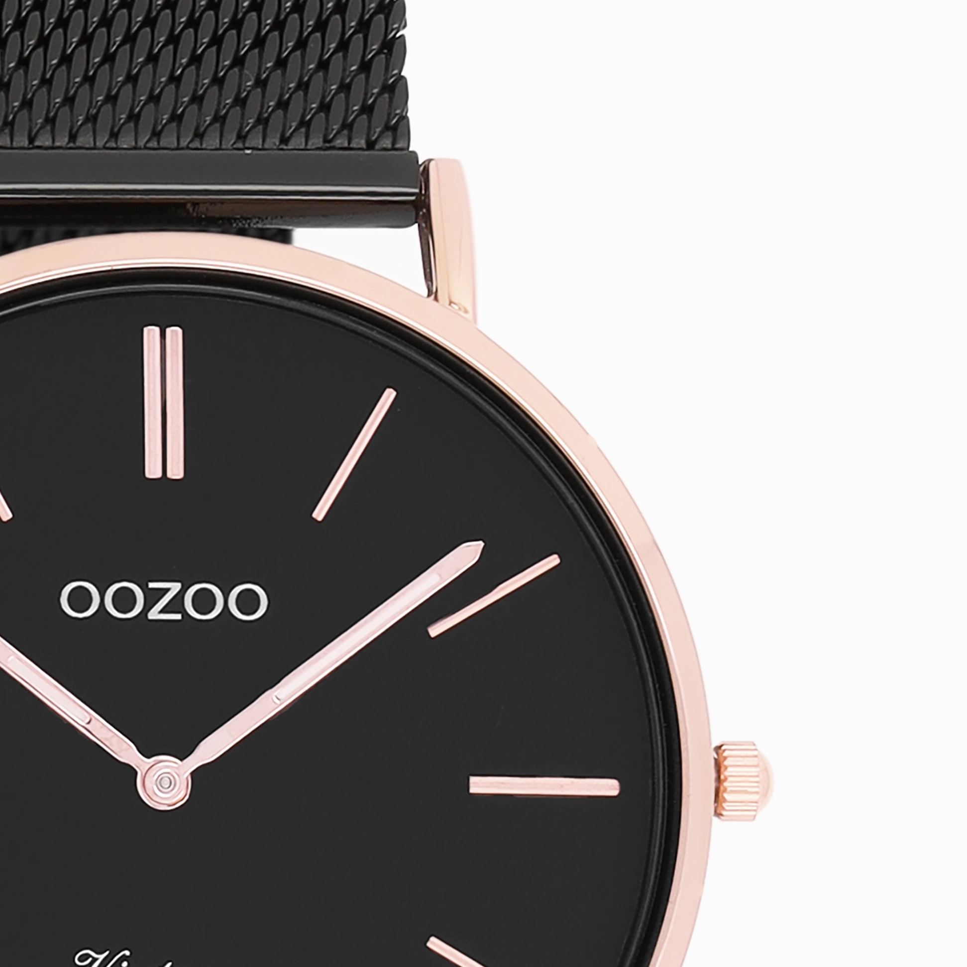 Rose gold coloured OOZOO watch with black metal mesh bracelet - C8869