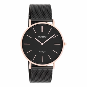 Rose gold coloured OOZOO watch with black metal mesh bracelet - C8869