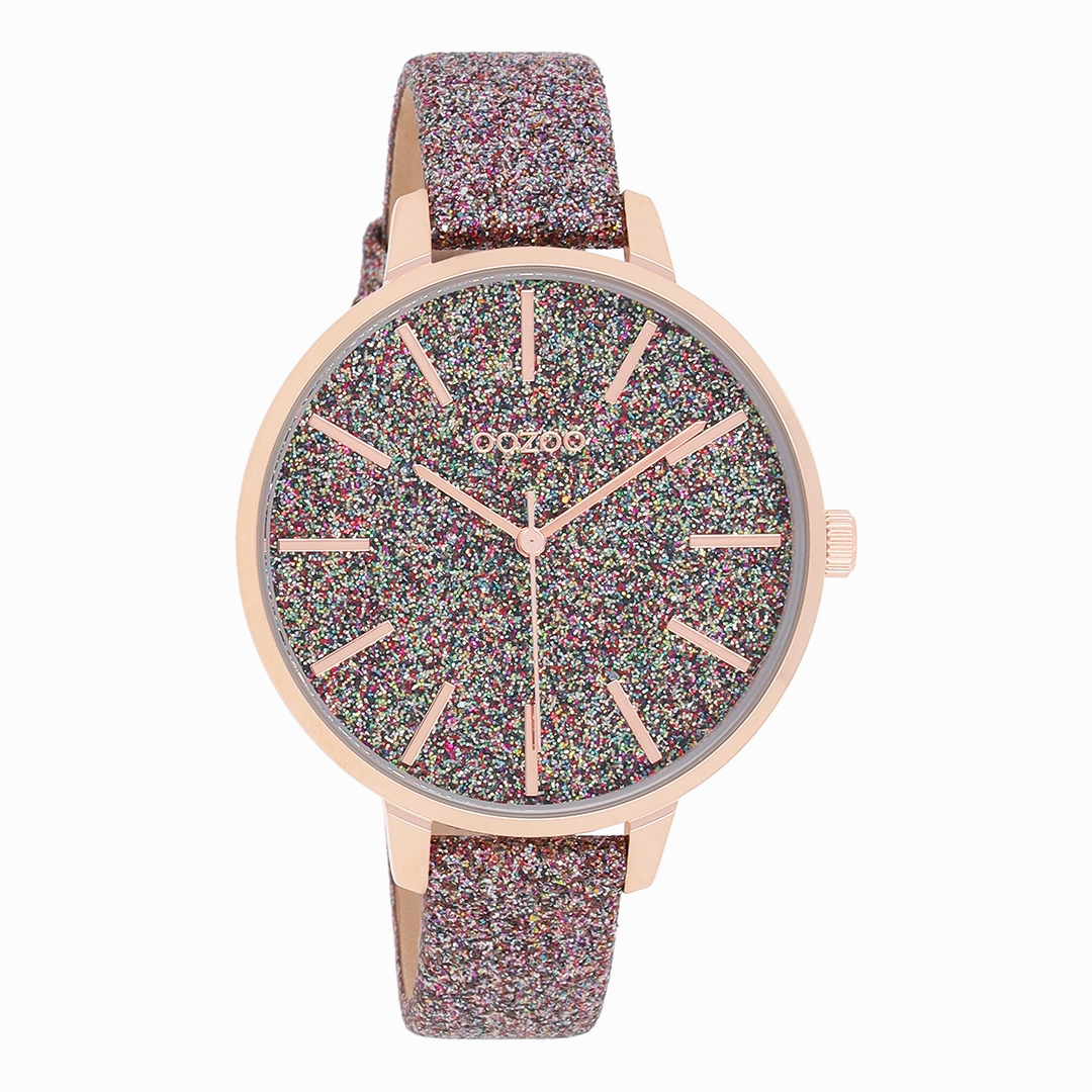 Rose gold coloured OOZOO watch with multicolor leather strap - C11032