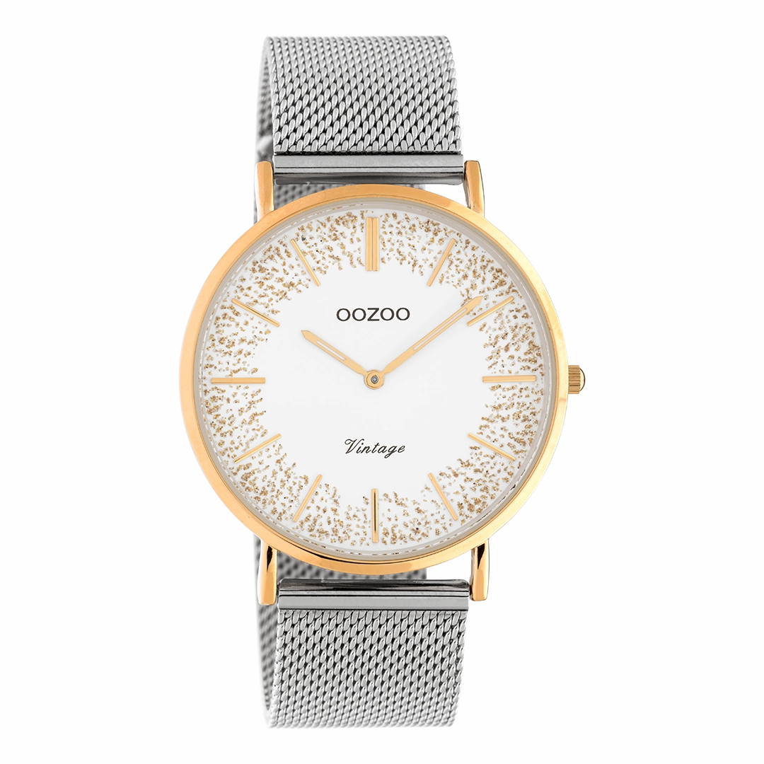 Rose gold coloured OOZOO watch with silver coloured metal mesh bracelet - C20136