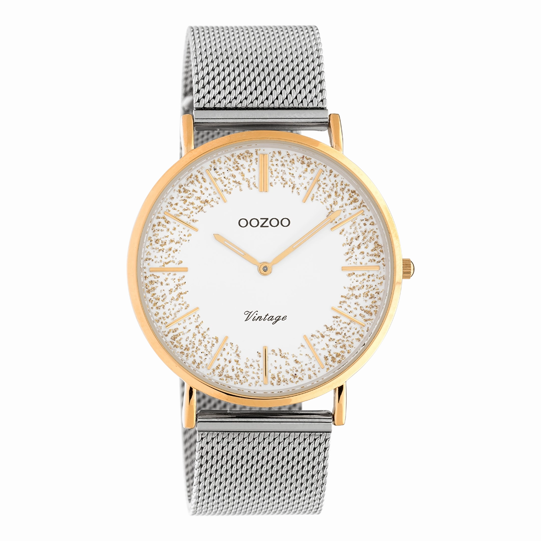 Rose gold coloured OOZOO watch with silver coloured metal mesh bracelet - C20136