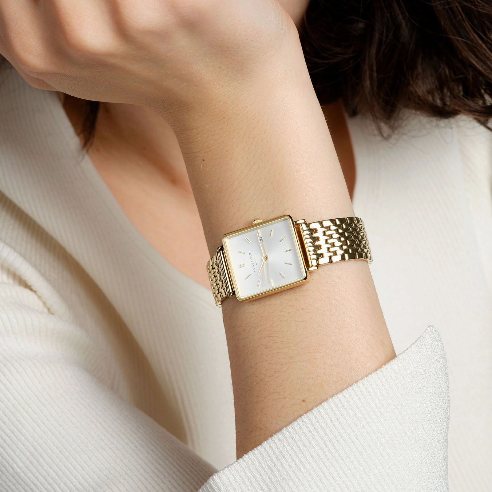 Rosefield The Boxy White Sunray Steel Gold Watch QWSG-Q09