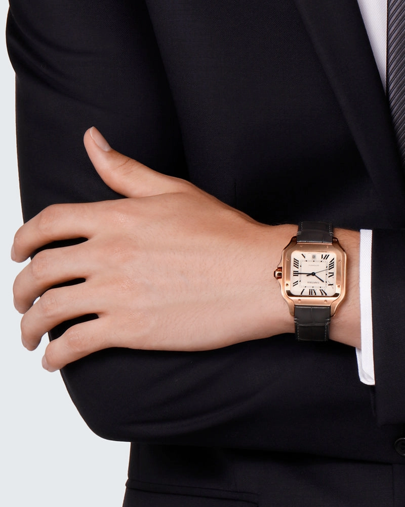 SANTOS DE CARTIER, LARGE, AUTOMATIC, ROSE GOLD, TWO INTERCHANGEABLE LEATHER BRACELETS