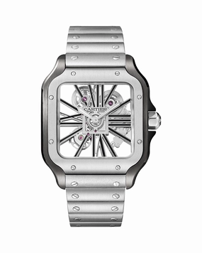 SANTOS DE CARTIER, SKELETON, LARGE, MANUAL, STEEL, INTERCHANGEABLE METAL AND LEATHER BRACELETS