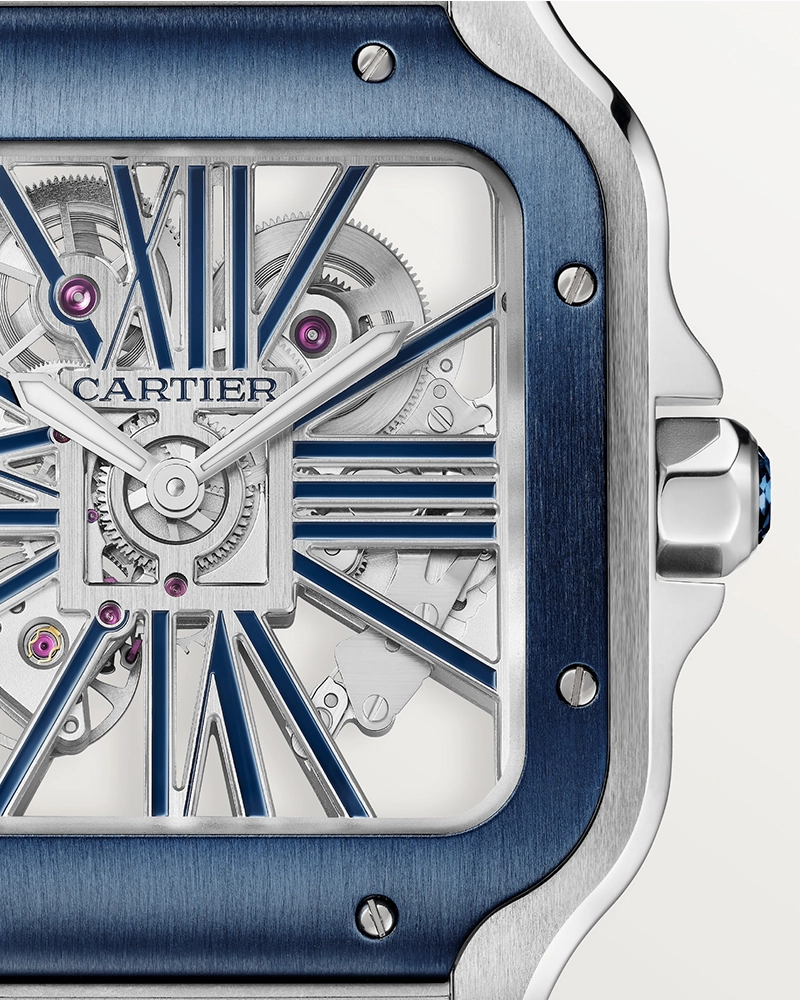 SANTOS DE CARTIER, SKELETON, LARGE, MANUAL, STEEL, INTERCHANGEABLE METAL AND RUBBER BRACELETS
