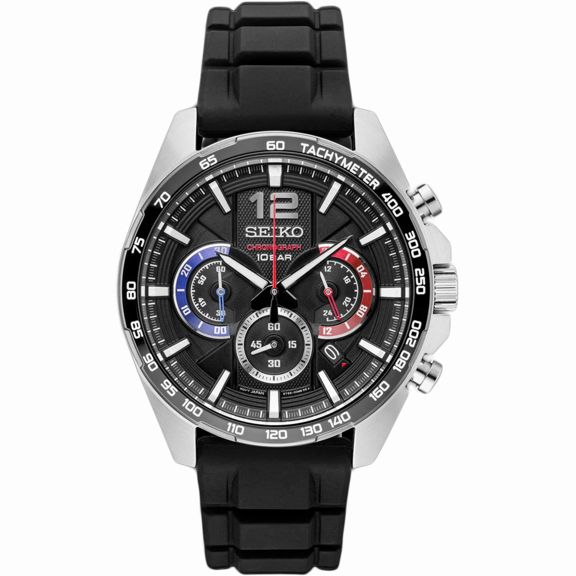 Seiko Men's Watch - Chronograph Silver Tone Case Black Dial Rubber Strap | SSB347