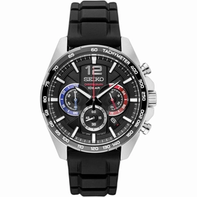 Seiko Men's Watch - Chronograph Silver Tone Case Black Dial Rubber Strap | SSB347