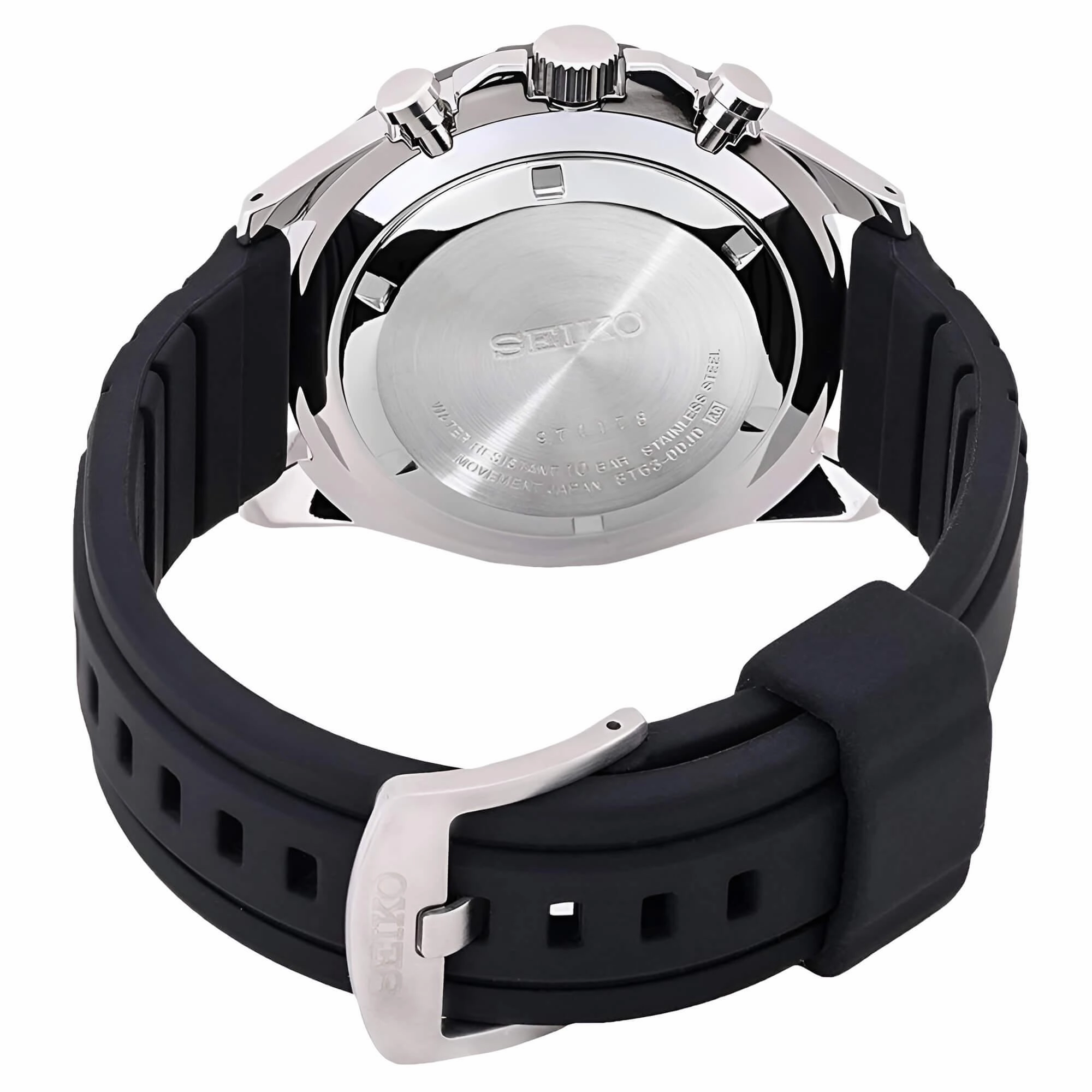 Seiko Men's Watch - Chronograph Silver Tone Case Black Silicone Strap | SSB347P1