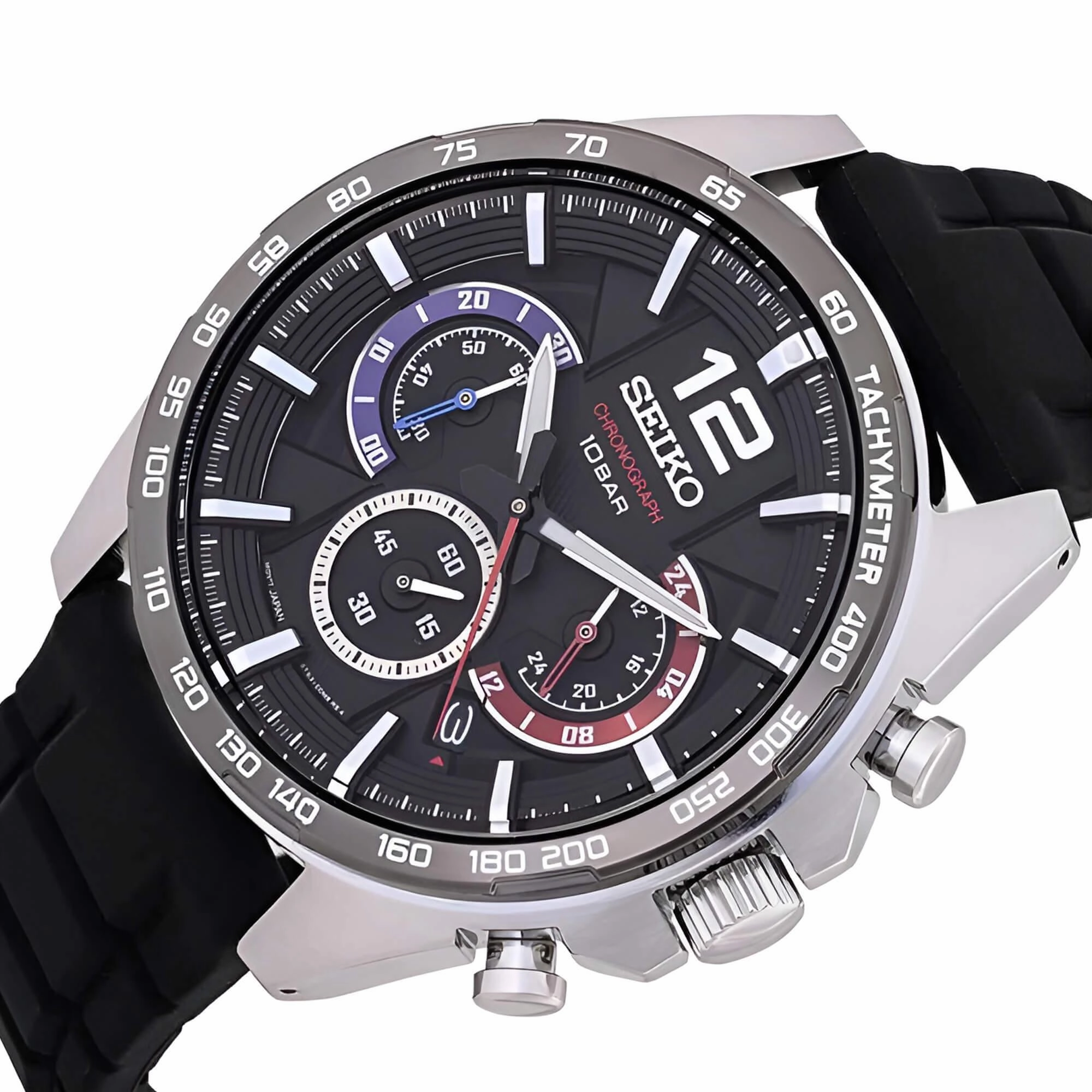 Seiko Men's Watch - Chronograph Silver Tone Case Black Silicone Strap | SSB347P1