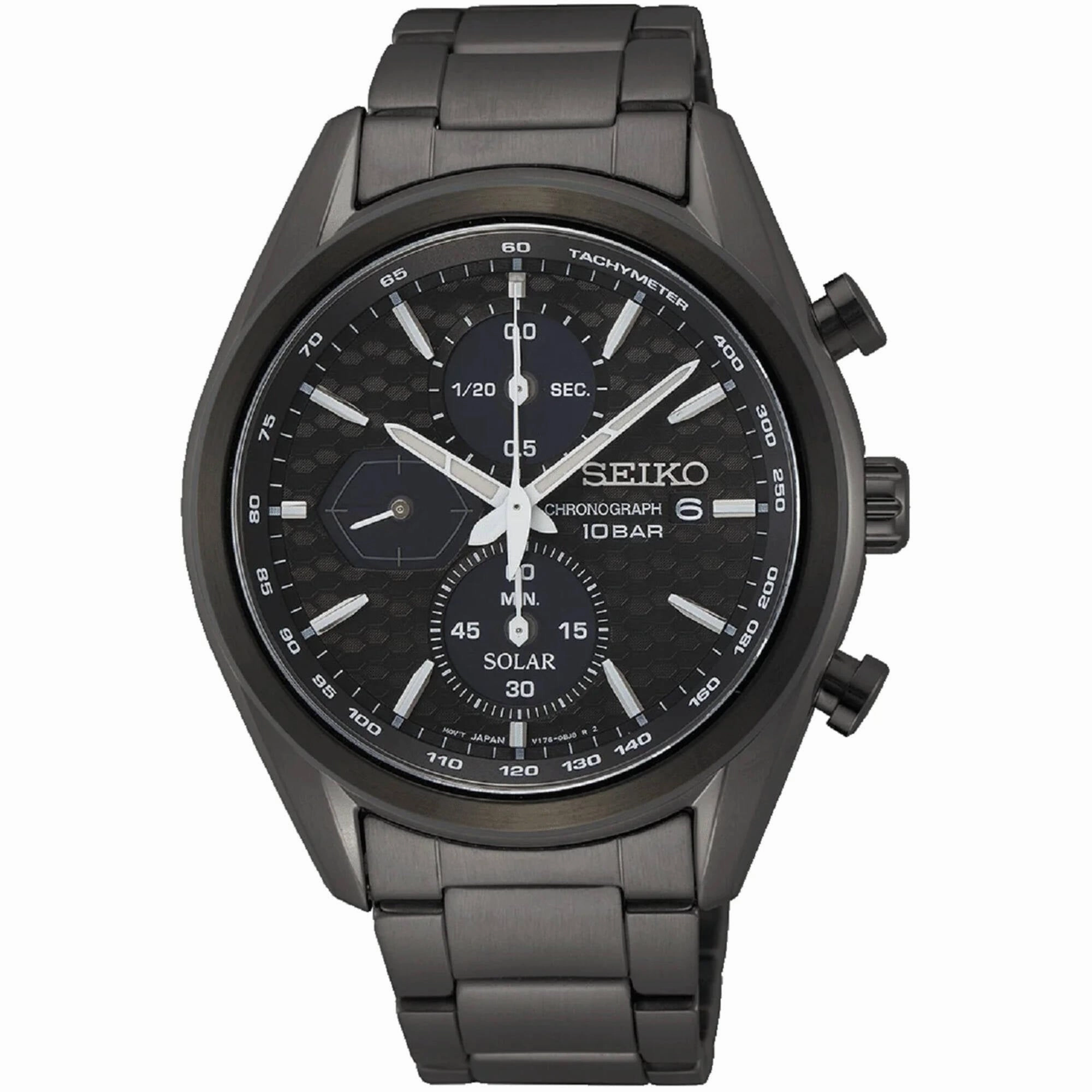 Seiko Men's Watch - Solar Quartz Black Dial Plated Stainless Steel Bracelet | SSC773
