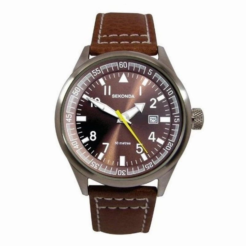 Sekonda Brown Leather Strap Mens Aviator Watch 3882