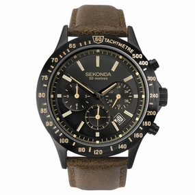 Sekonda Sports Dual Time Mens Watch Black Dial Tan Strap 1651