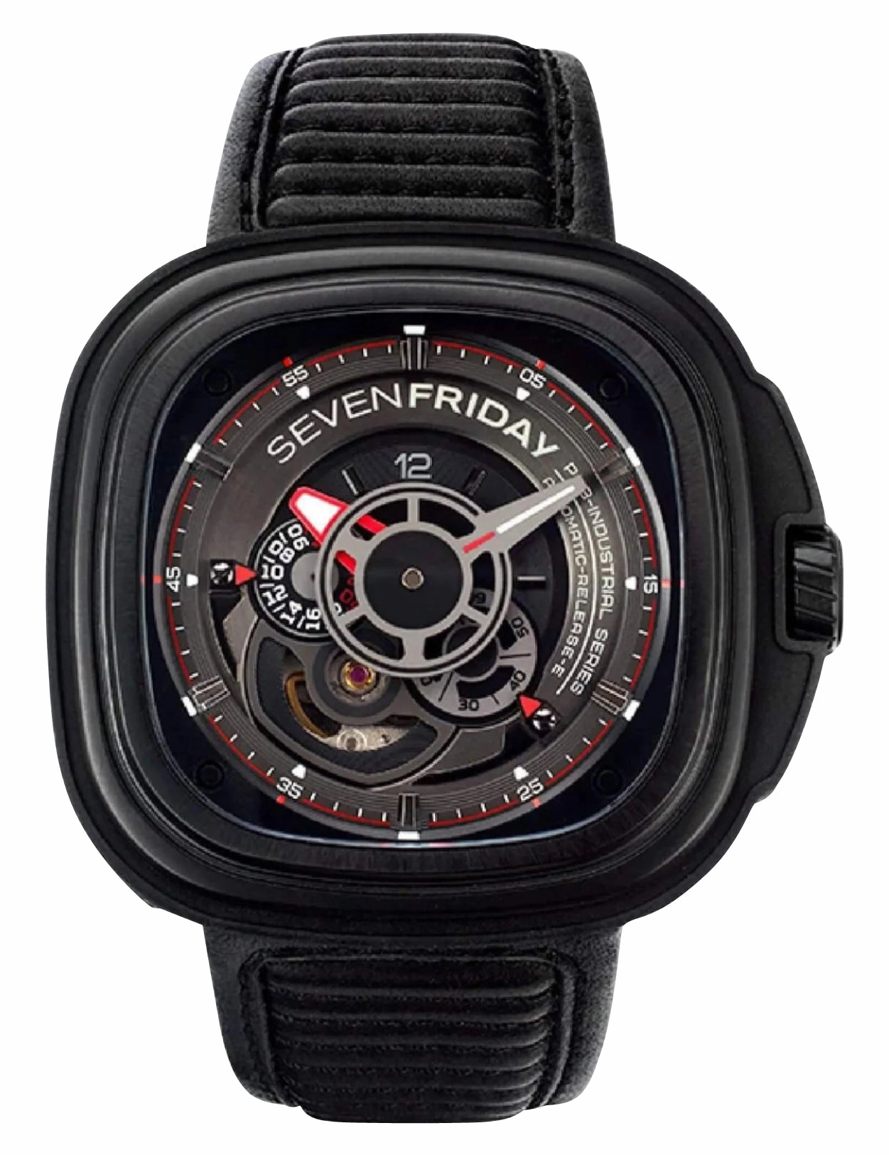 SEVENFRIDAY P-Series Racer Automatic Black/Gray Dial Black Leather Strap Mens Watch P3B/01