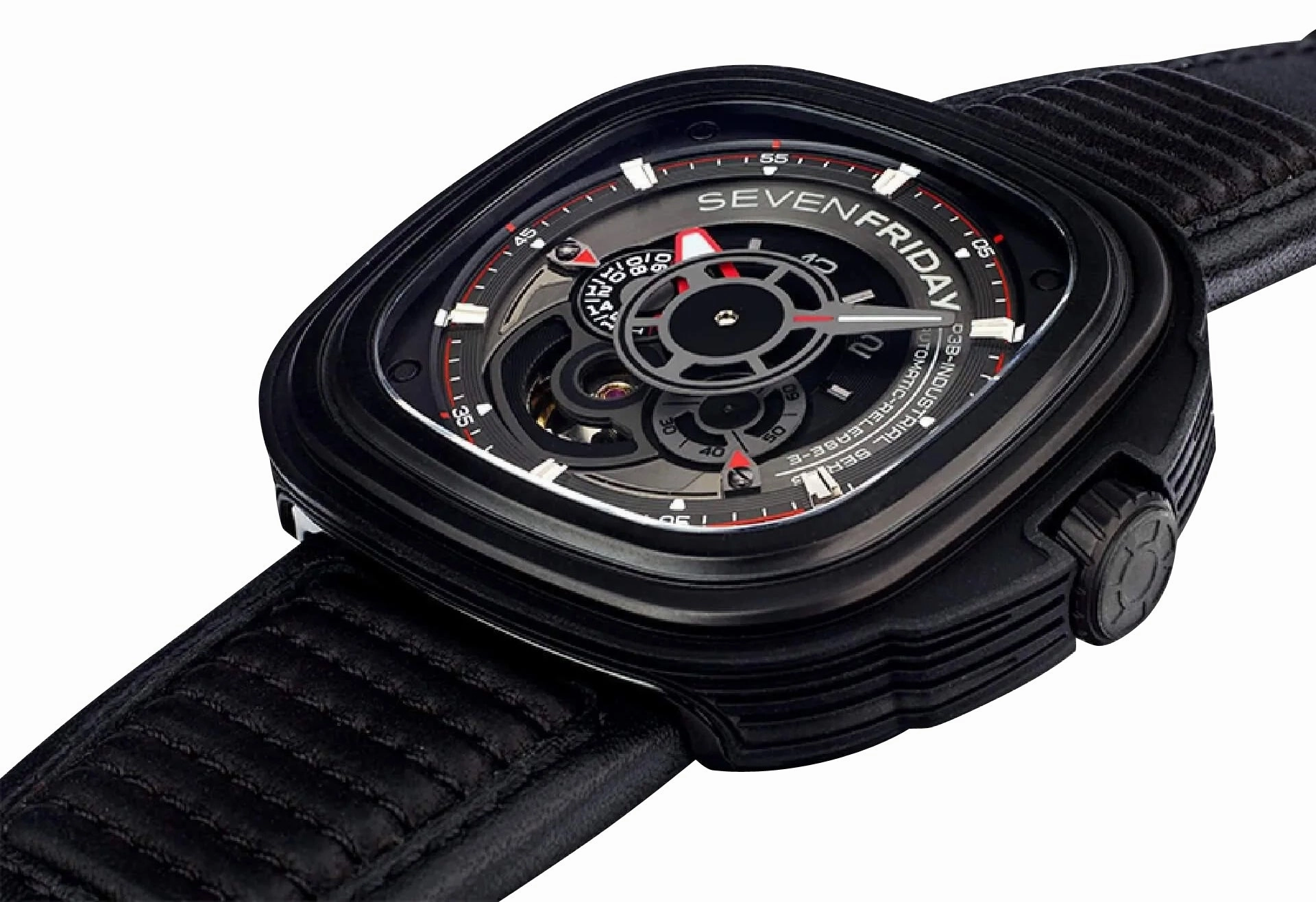 SEVENFRIDAY P-Series Racer Automatic Black/Gray Dial Black Leather Strap Mens Watch P3B/01