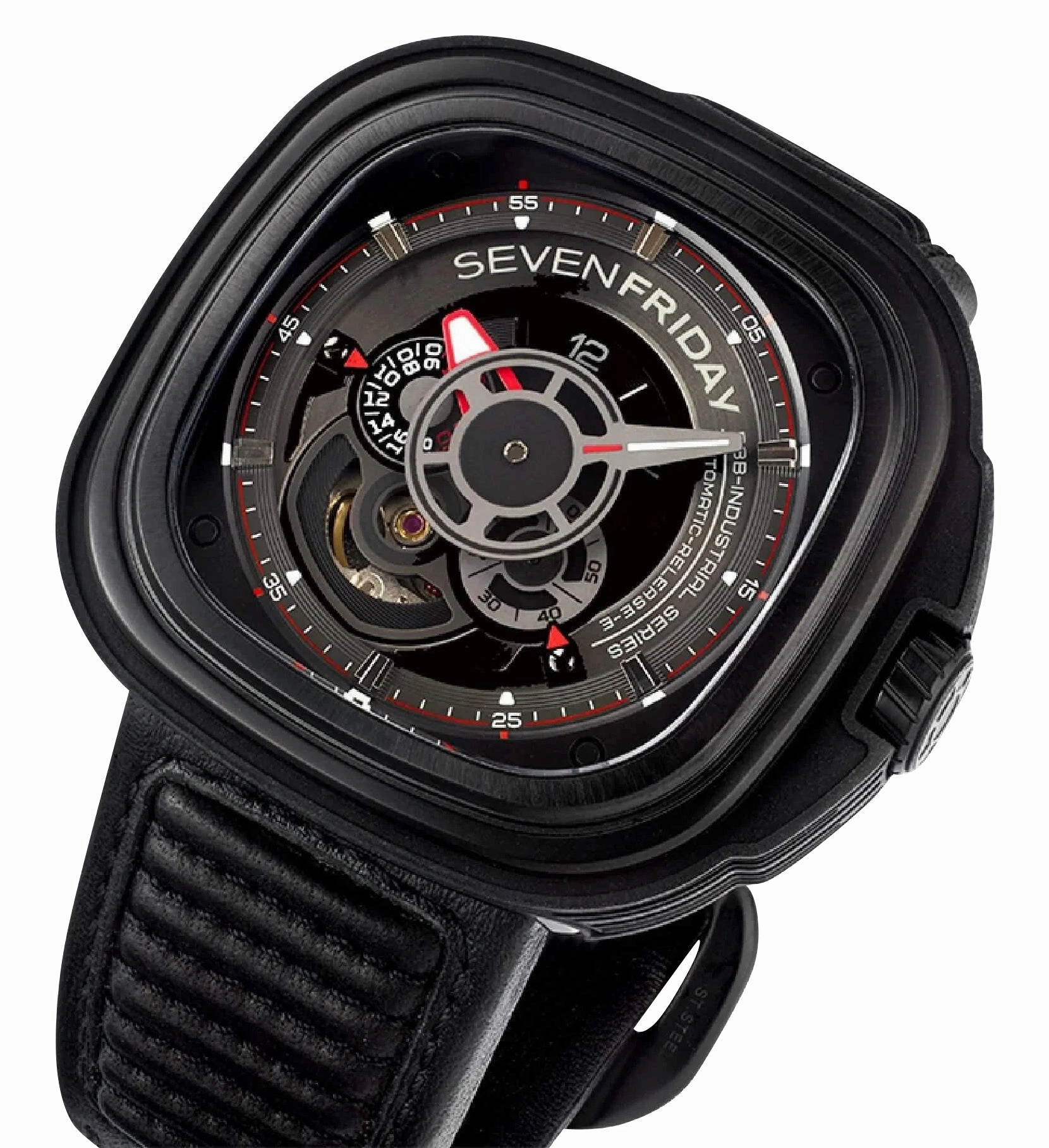 SEVENFRIDAY P-Series Racer Automatic Black/Gray Dial Black Leather Strap Mens Watch P3B/01