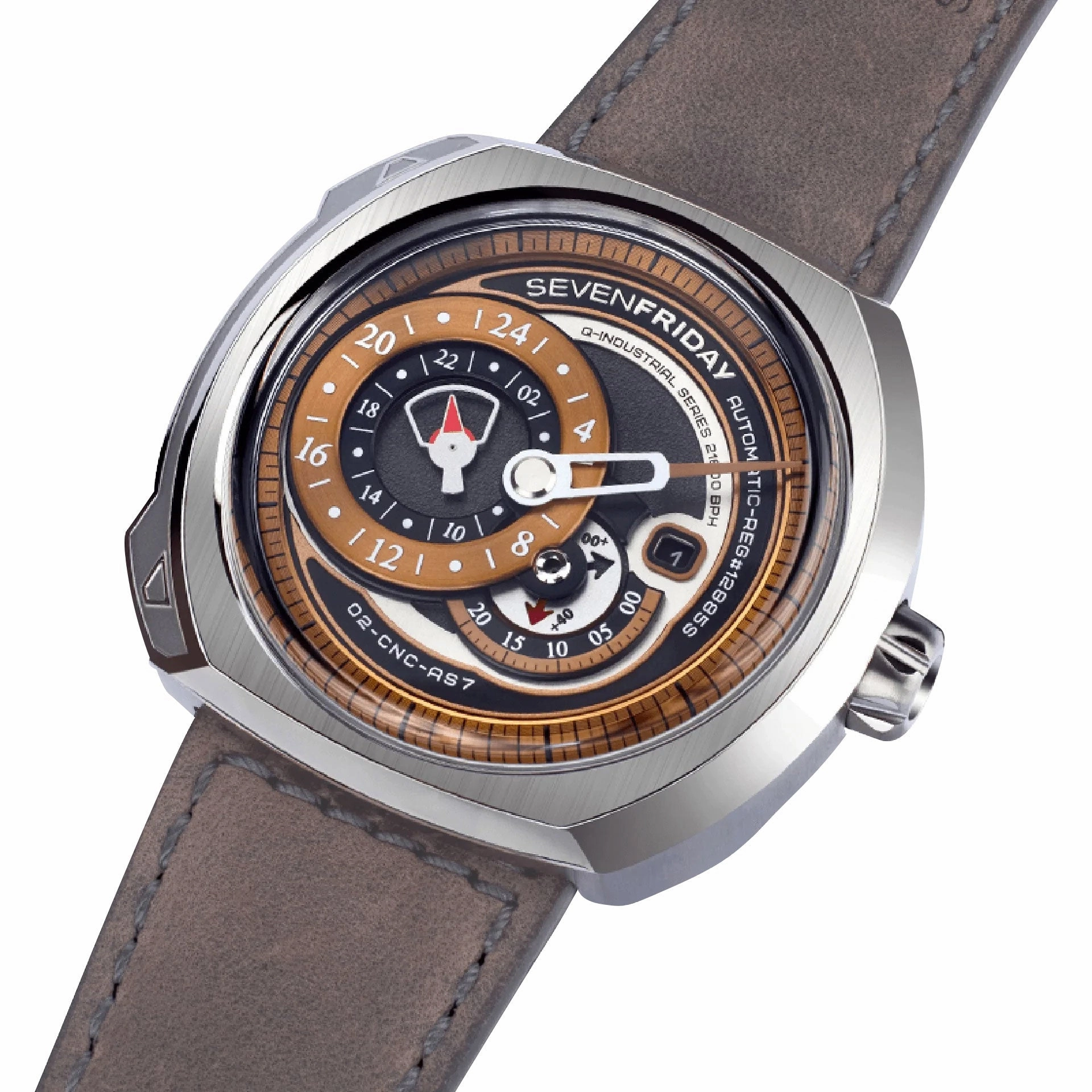 SEVENFRIDAY Q-Series Automatic Stainless Steel Gold/Brown Dial Gray Leather Strap Date Mens Watch Q2/01