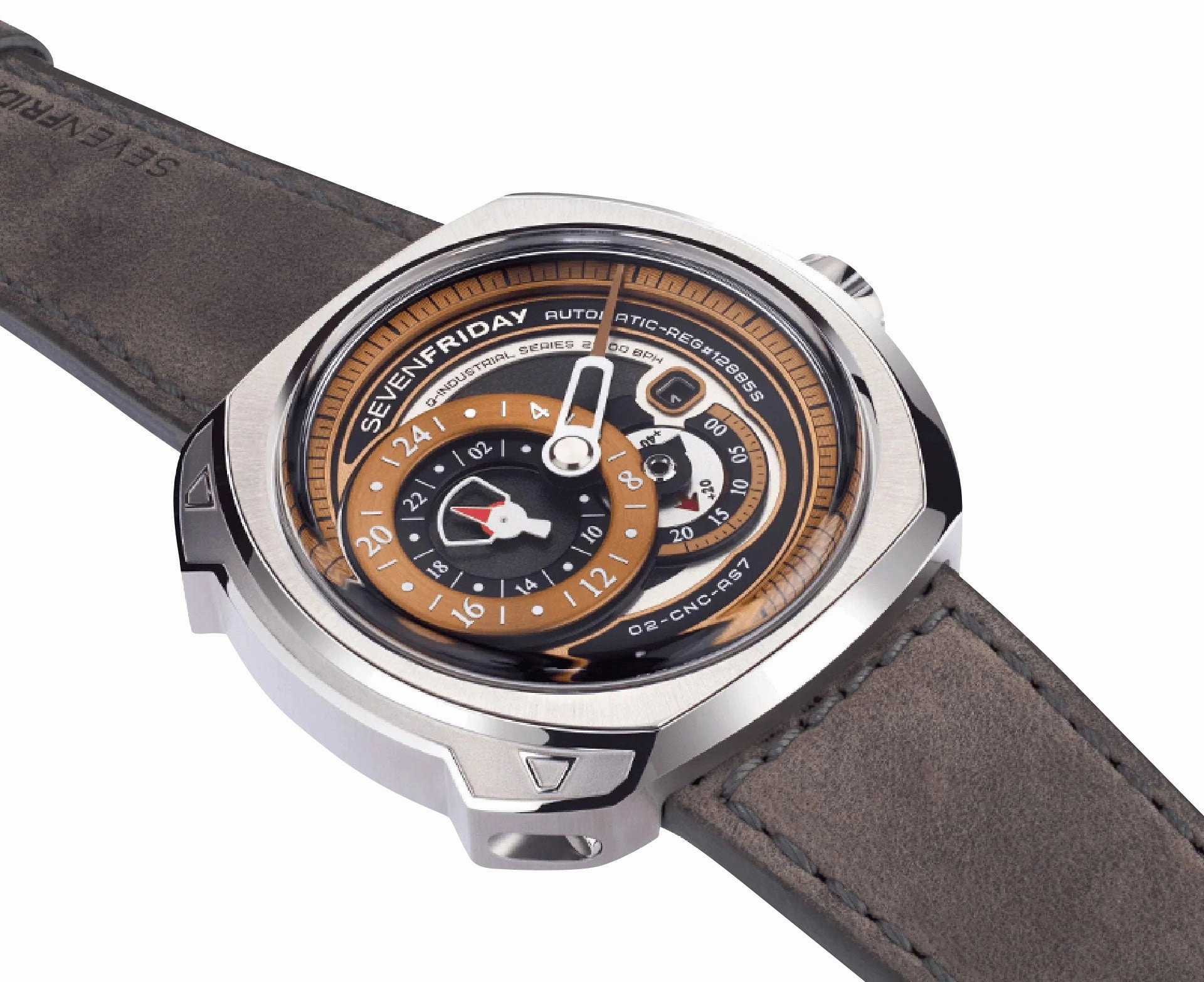 SEVENFRIDAY Q-Series Automatic Stainless Steel Gold/Brown Dial Gray Leather Strap Date Mens Watch Q2/01