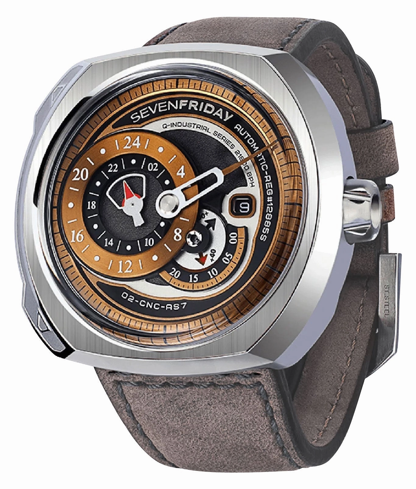 SEVENFRIDAY Q-Series Automatic Stainless Steel Gold/Brown Dial Gray Leather Strap Date Mens Watch Q2/01