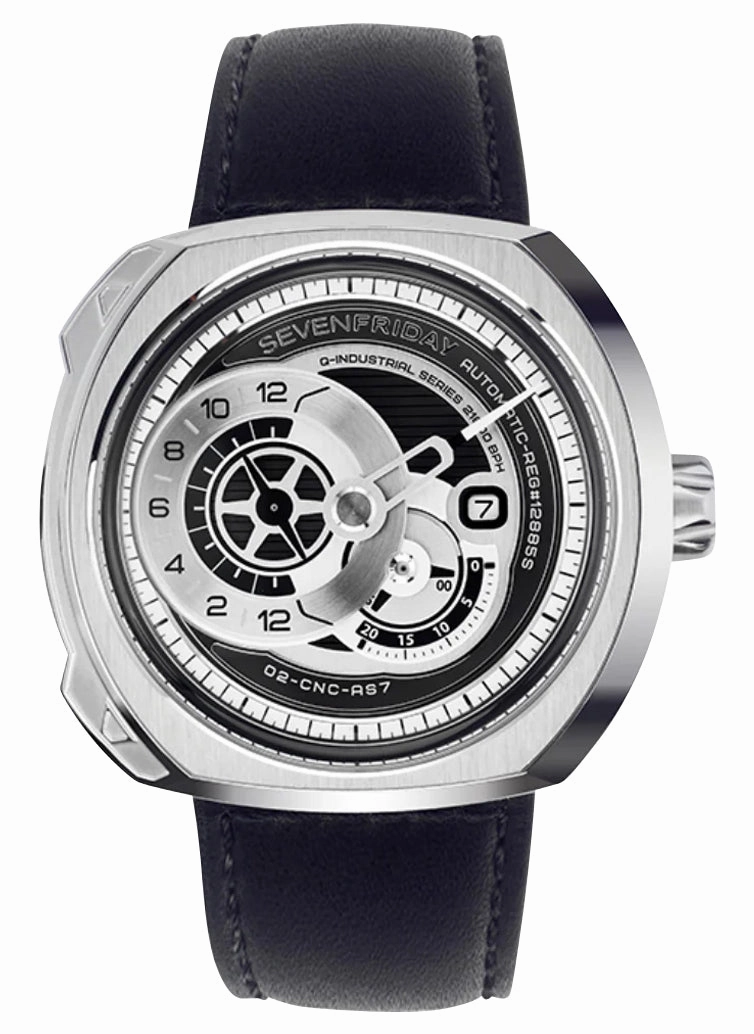SEVENFRIDAY Q-Series Automatic Stainless Steel Silver/Gray Dial Black Leather Strap Date Mens Watch Q1/03