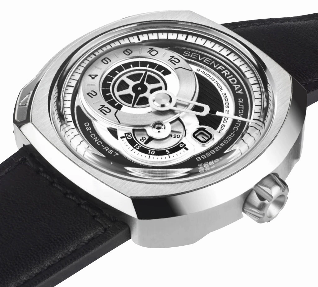 SEVENFRIDAY Q-Series Automatic Stainless Steel Silver/Gray Dial Black Leather Strap Date Mens Watch Q1/03